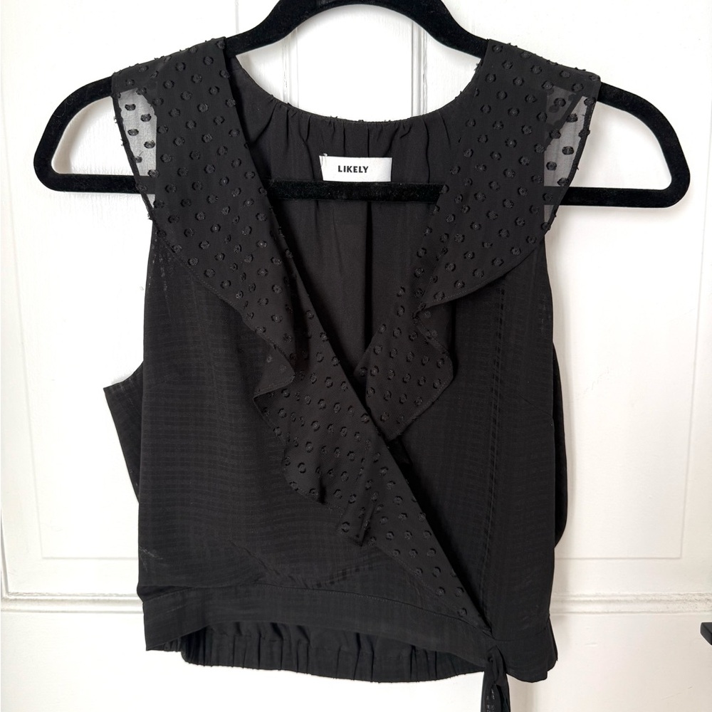 Likely Black Sleeveless Wrap Blouse with Ruffled Bib Collar